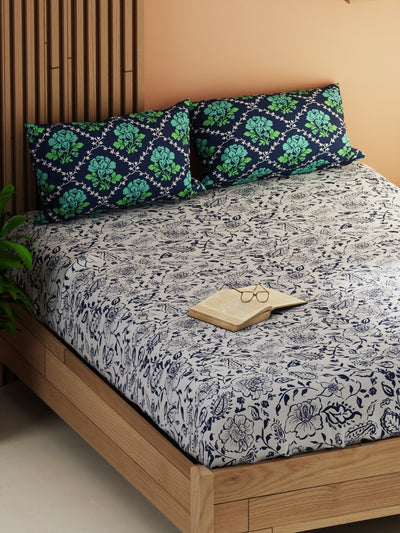 Extra Smooth Micro Double Bedsheet With 2 Pillow Covers <small> (floral-grey/navy)</small>