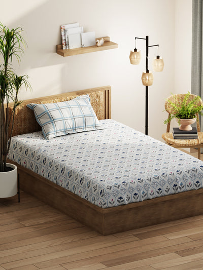 Extra Smooth Micro Single Bedsheet With 1 Pillow Covers <small> (floral-ivory/blue)</small>