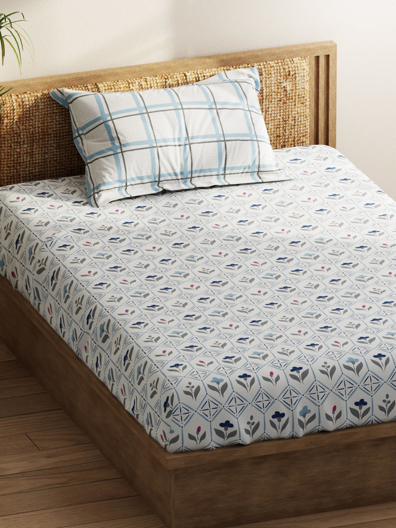 Extra Smooth Micro Single Bedsheet With 1 Pillow Covers <small> (floral-ivory/blue)</small>