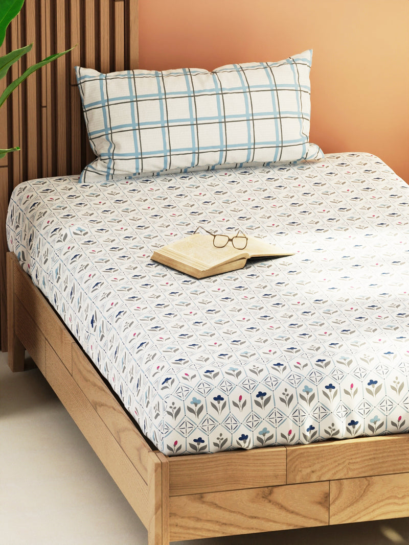 Extra Smooth Micro Single Bedsheet With 1 Pillow Cover <small> (floral-ivory/blue)</small>