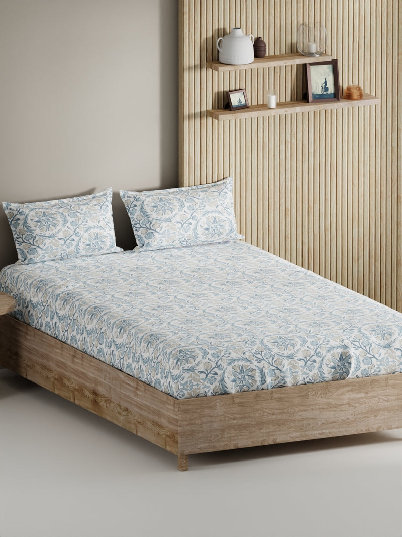Soft 100% Natural Cotton, King Size Double Bedsheet With 2 Pillow Covers <small> (floral-blue/beige)</small>
