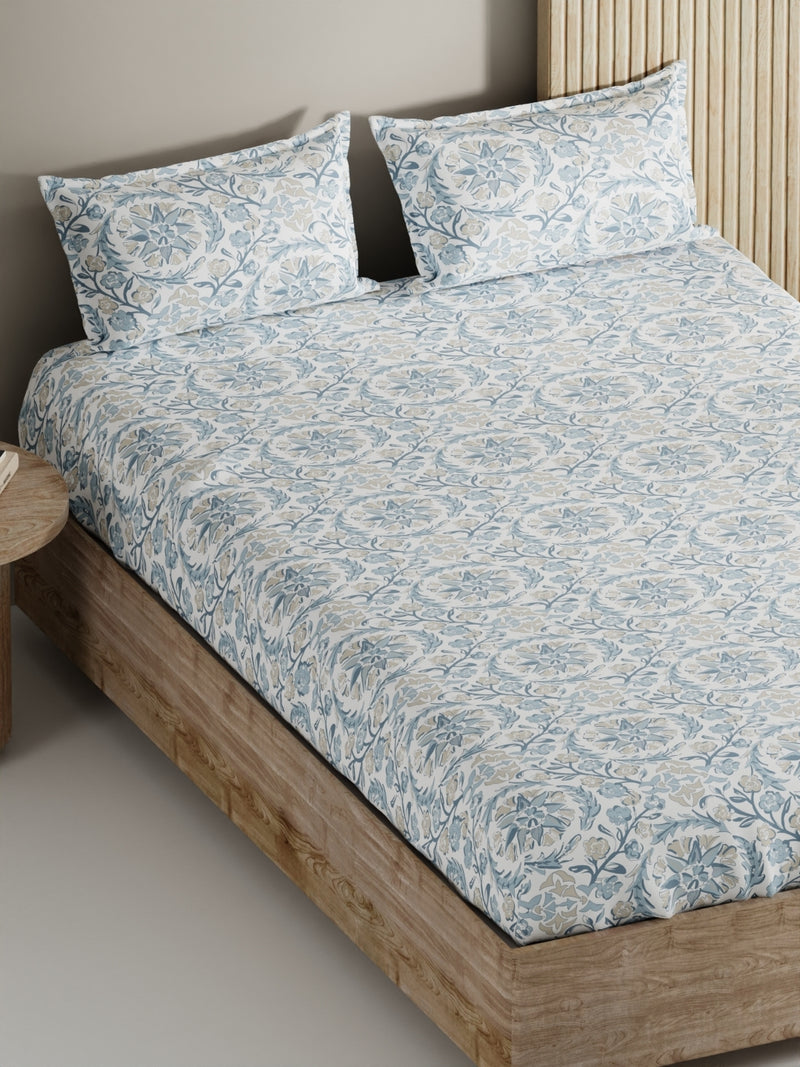 Soft 100% Natural Cotton, King Size Double Bedsheet With 2 Pillow Covers <small> (floral-blue/beige)</small>