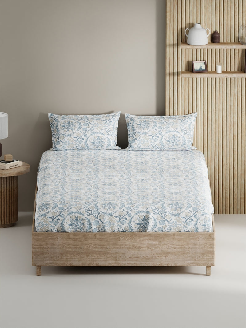 Soft 100% Natural Cotton, King Size Double Bedsheet With 2 Pillow Covers <small> (floral-blue/beige)</small>