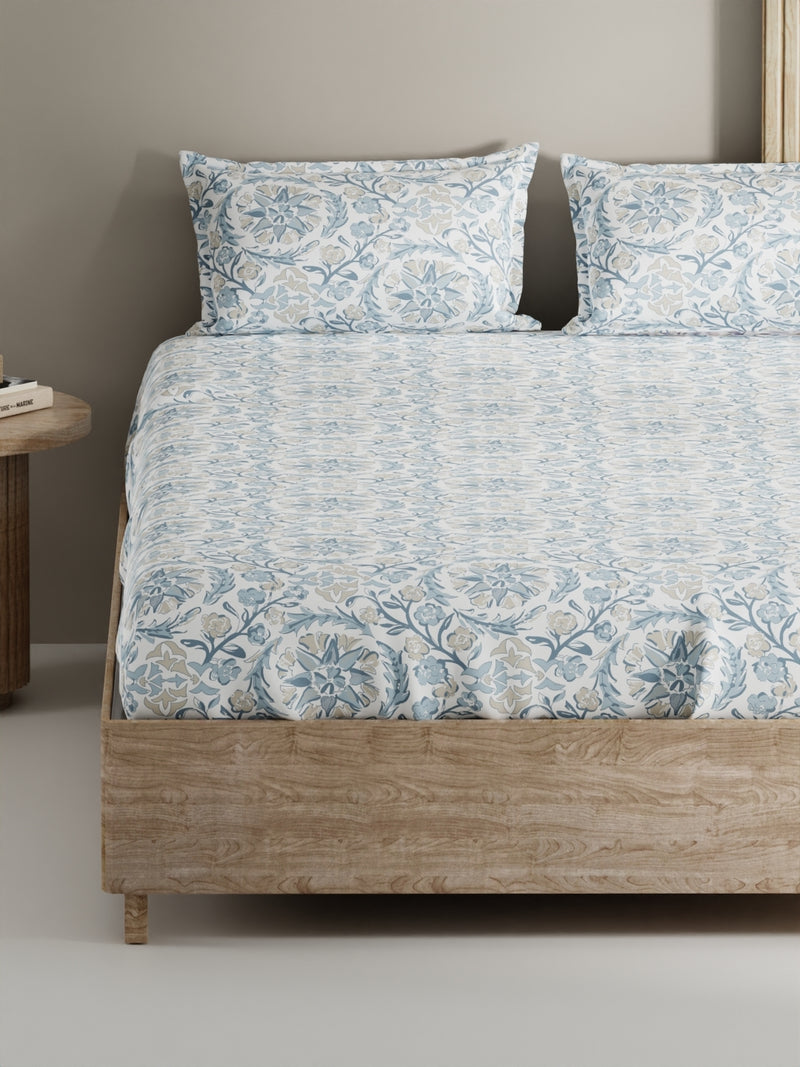 Soft 100% Natural Cotton, King Size Double Bedsheet With 2 Pillow Covers <small> (floral-blue/beige)</small>
