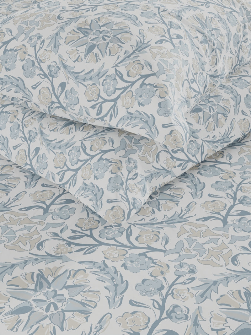 Soft 100% Natural Cotton, King Size Double Bedsheet With 2 Pillow Covers <small> (floral-blue/beige)</small>