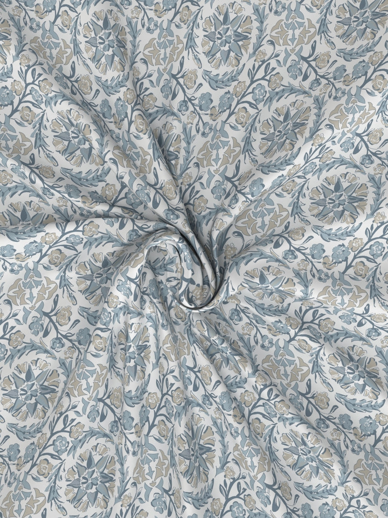 Soft 100% Natural Cotton, King Size Double Bedsheet With 2 Pillow Covers <small> (floral-blue/beige)</small>
