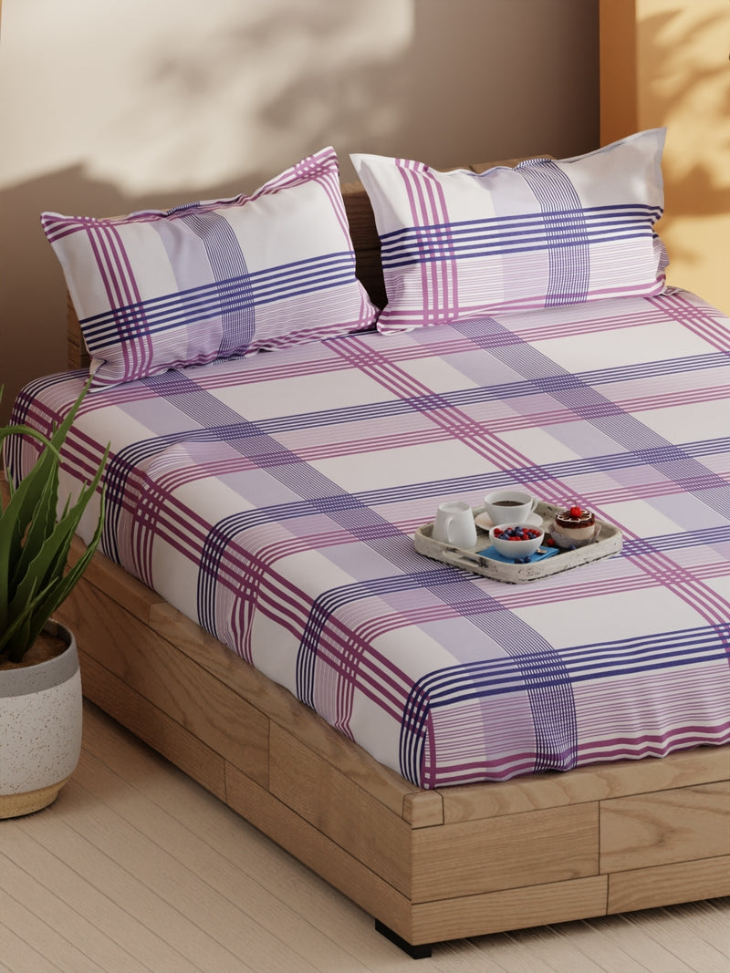 Soft 100% Natural Cotton Double Bedsheet With 2 Pillow Covers <small> (stripe-purple/blue)</small>