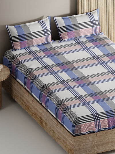 Soft 100% Natural Cotton, King Size Double Bedsheet With 2 Pillow Covers <small> (stripe-red/navy)</small>