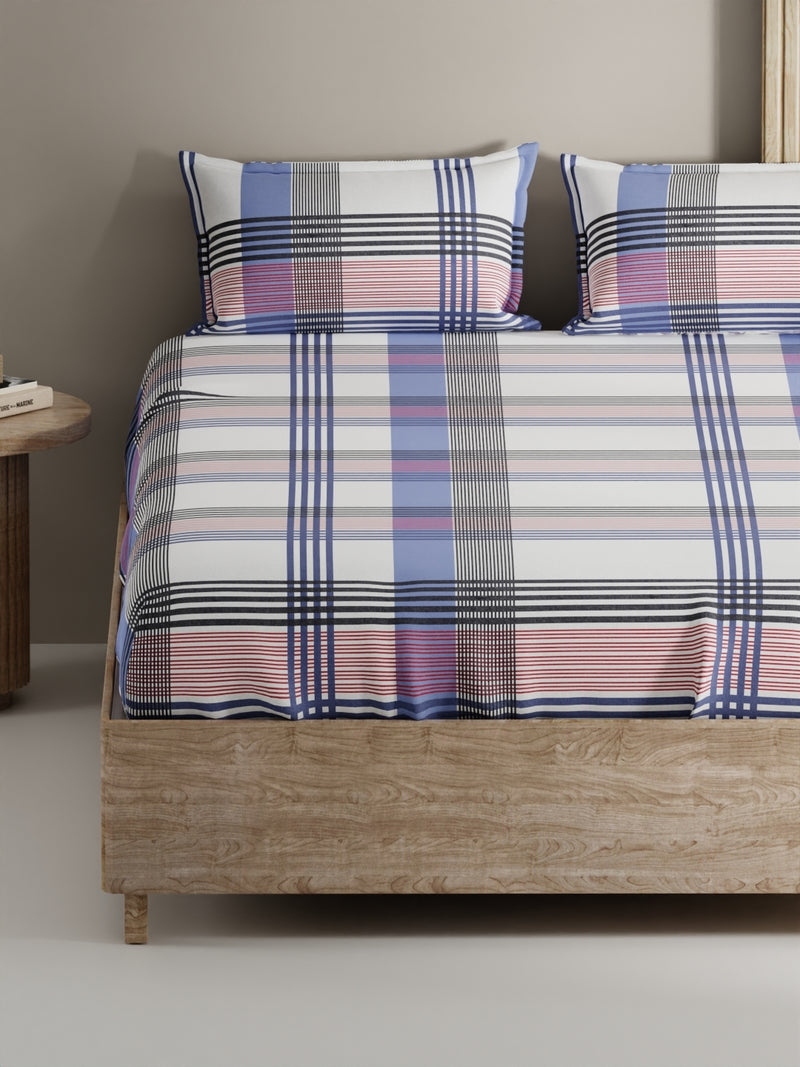 Soft 100% Natural Cotton, King Size Double Bedsheet With 2 Pillow Covers <small> (stripe-red/navy)</small>