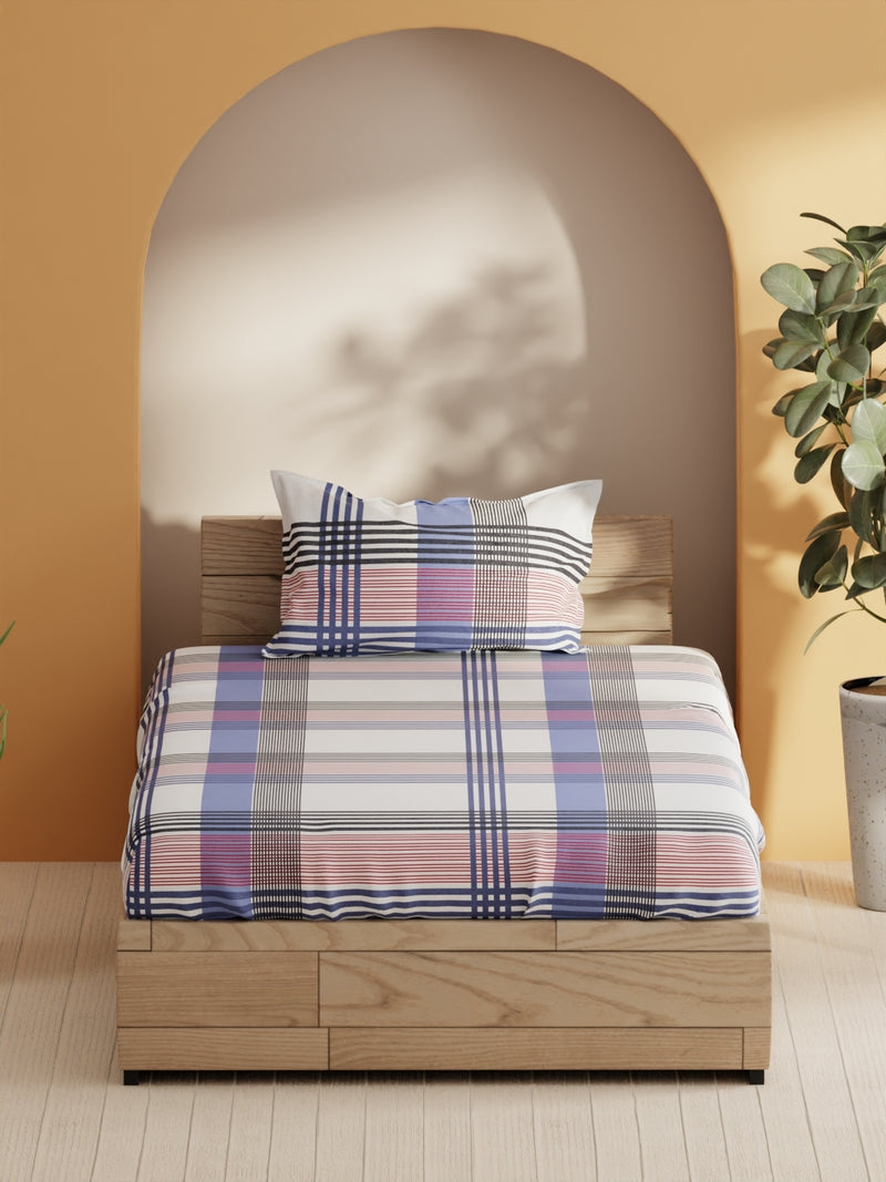 Soft 100% Natural Cotton Single Bedsheet With 1 Pillow Cover <small> (stripe-red/navy)</small>