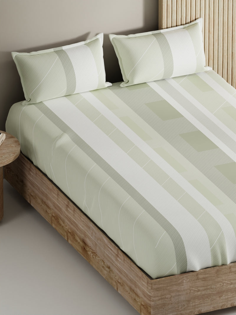 Soft 100% Natural Cotton, King Size Double Bedsheet With 2 Pillow Covers <small> (stripe-sage)</small>