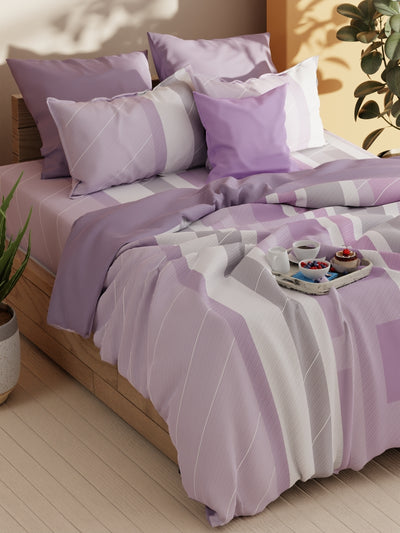 Soft 100% Natural Cotton Xl King Fitted Bedsheet With Elastic Edges With 2 Pillow Covers <small> (stripe-lilac)</small>