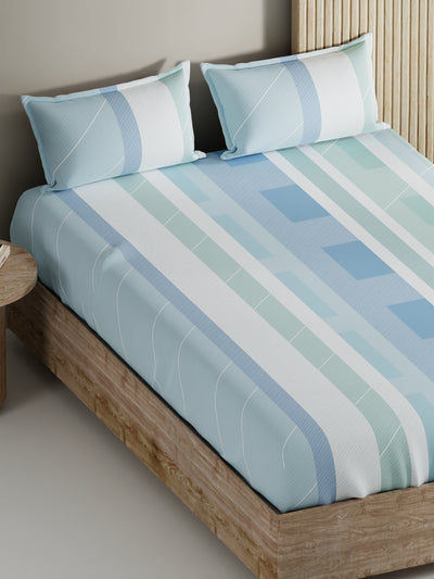 Soft 100% Natural Cotton, King Size Double Bedsheet With 2 Pillow Covers <small> (stripe-mint/green)</small>