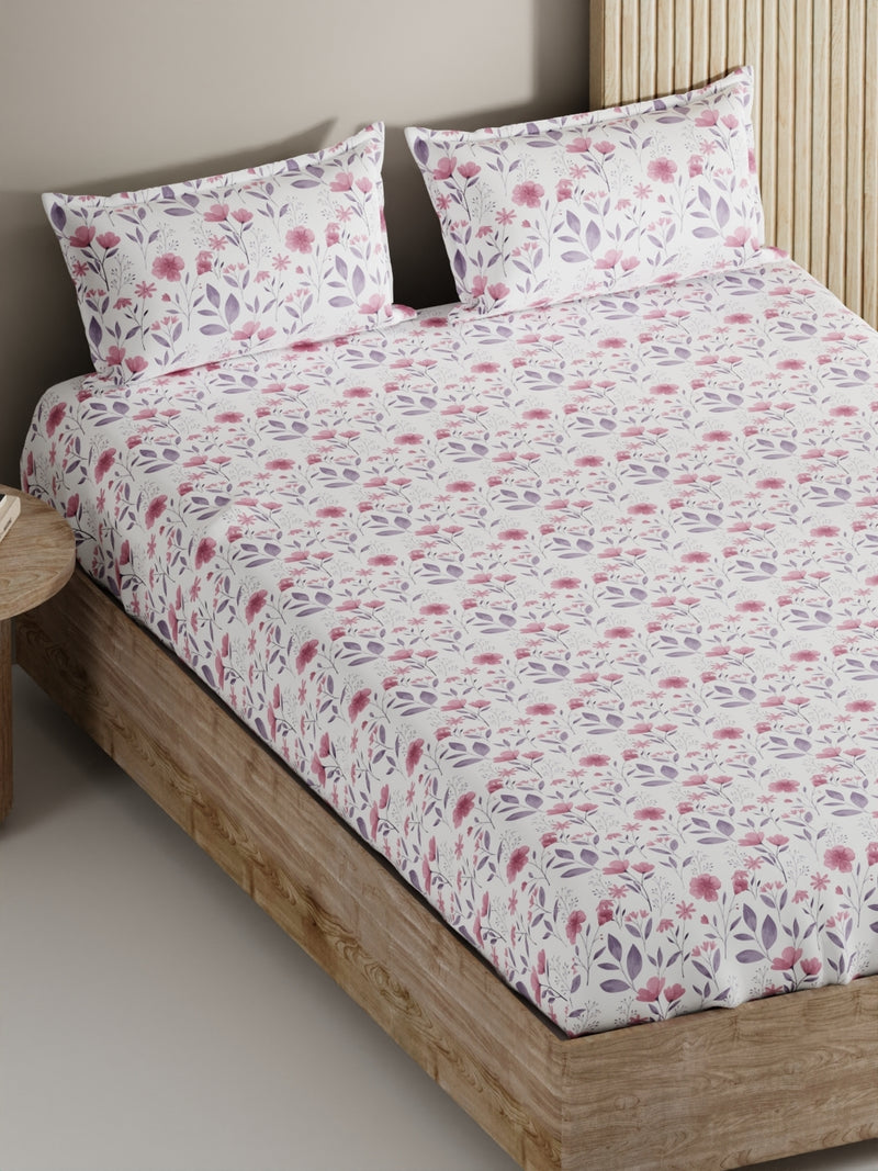 Soft 100% Natural Cotton, King Size Double Bedsheet With 2 Pillow Covers <small> (floral-pink/violet)</small>