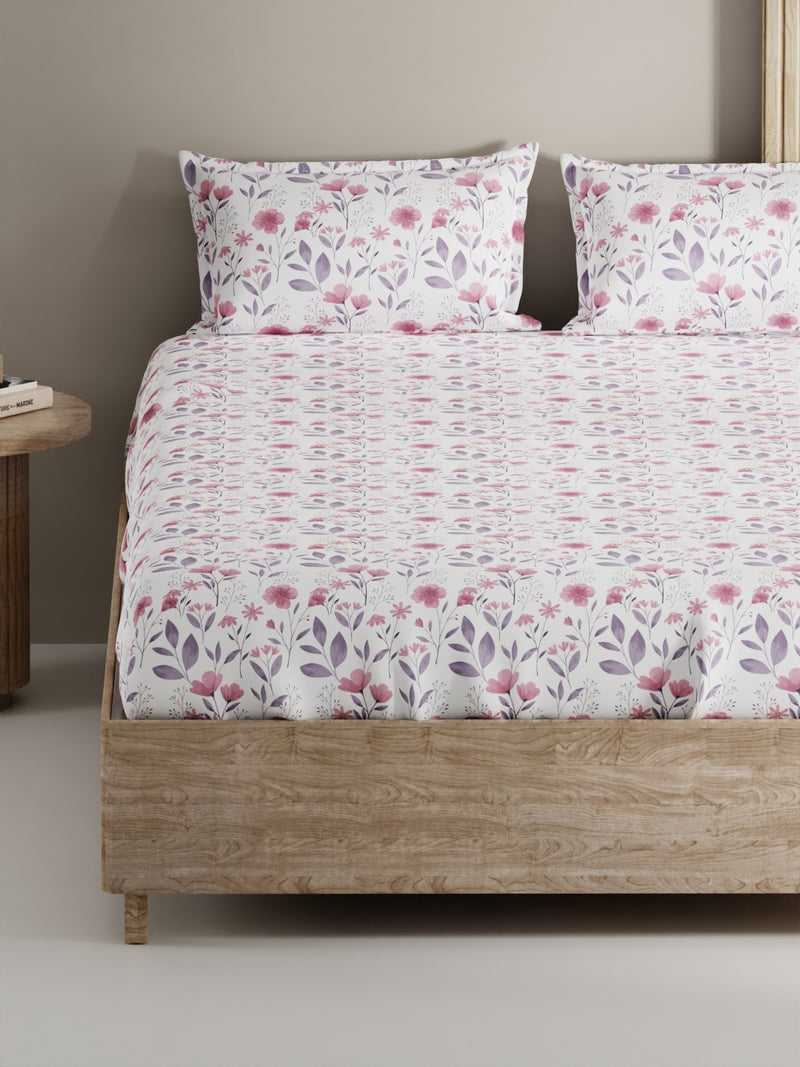 Soft 100% Natural Cotton, King Size Double Bedsheet With 2 Pillow Covers <small> (floral-pink/violet)</small>