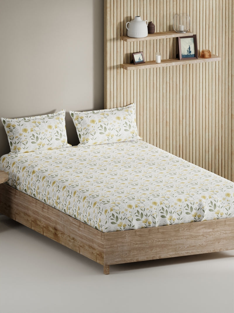 Soft 100% Natural Cotton, King Size Double Bedsheet With 2 Pillow Covers <small> (floral-yellow/sage)</small>
