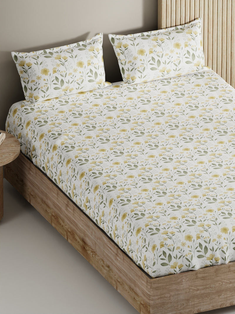 Soft 100% Natural Cotton, King Size Double Bedsheet With 2 Pillow Covers <small> (floral-yellow/sage)</small>