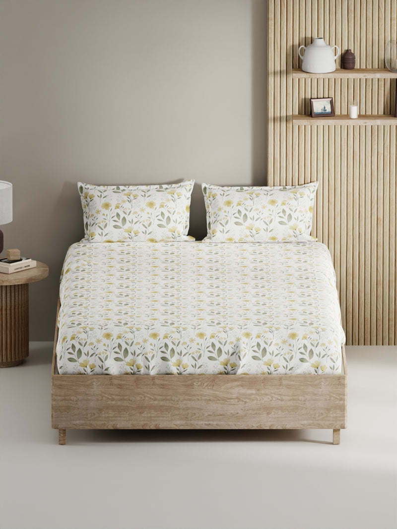 Soft 100% Natural Cotton, King Size Double Bedsheet With 2 Pillow Covers <small> (floral-yellow/sage)</small>