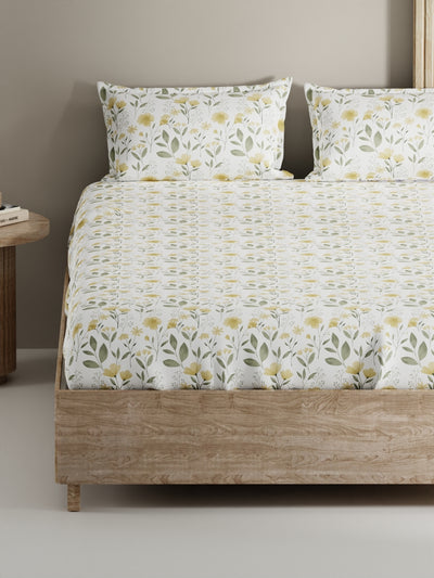 Soft 100% Natural Cotton, King Size Double Bedsheet With 2 Pillow Covers <small> (floral-yellow/sage)</small>