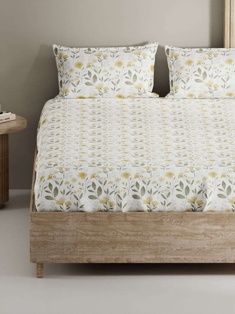 Soft 100% Natural Cotton, King Size Double Bedsheet With 2 Pillow Covers <small> (floral-yellow/sage)</small>