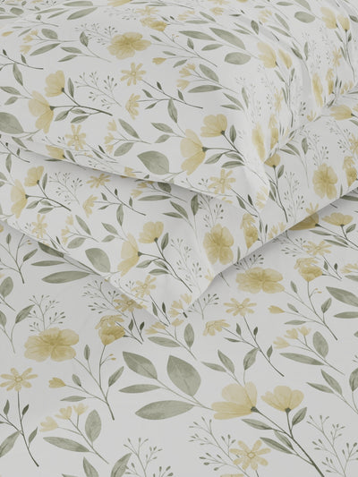 Soft 100% Natural Cotton, King Size Double Bedsheet With 2 Pillow Covers <small> (floral-yellow/sage)</small>