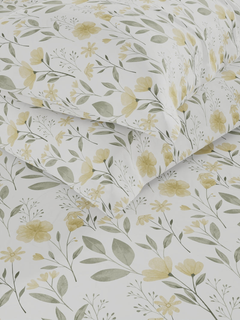 Soft 100% Natural Cotton, King Size Double Bedsheet With 2 Pillow Covers <small> (floral-yellow/sage)</small>