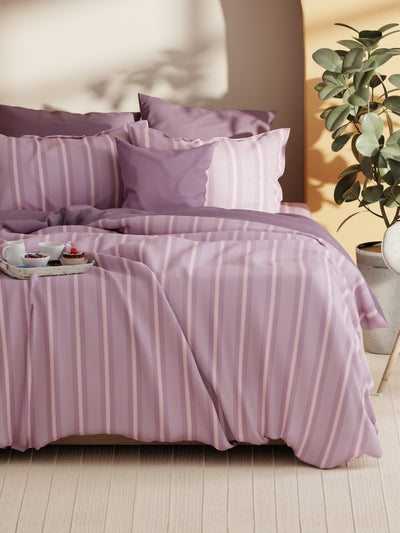 Soft 100% Natural Cotton Xl King Fitted Bedsheet With Elastic Edges With 2 Pillow Covers <small> (stripe-lilac/pink)</small>