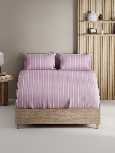 Soft 100% Natural Cotton, King Size Double Bedsheet With 2 Pillow Covers <small> (stripe-lilac/pink)</small>