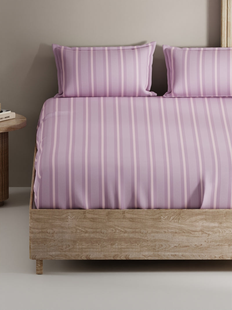 Soft 100% Natural Cotton, King Size Double Bedsheet With 2 Pillow Covers <small> (stripe-lilac/pink)</small>