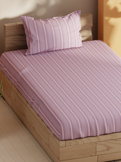 Soft 100% Natural Cotton Single Bedsheet With 1 Pillow Cover <small> (stripe-lilac/pink)</small>