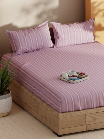 Soft 100% Natural Cotton Double Bedsheet With 2 Pillow Covers <small> (stripe-lilac/pink)</small>