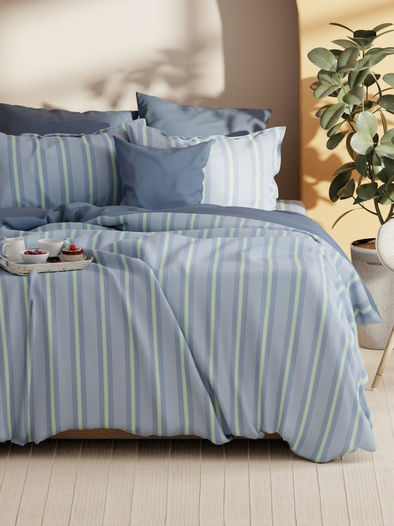 Soft 100% Natural Cotton Xl King Fitted Bedsheet With Elastic Edges With 2 Pillow Covers <small> (stripe-blue/green)</small>