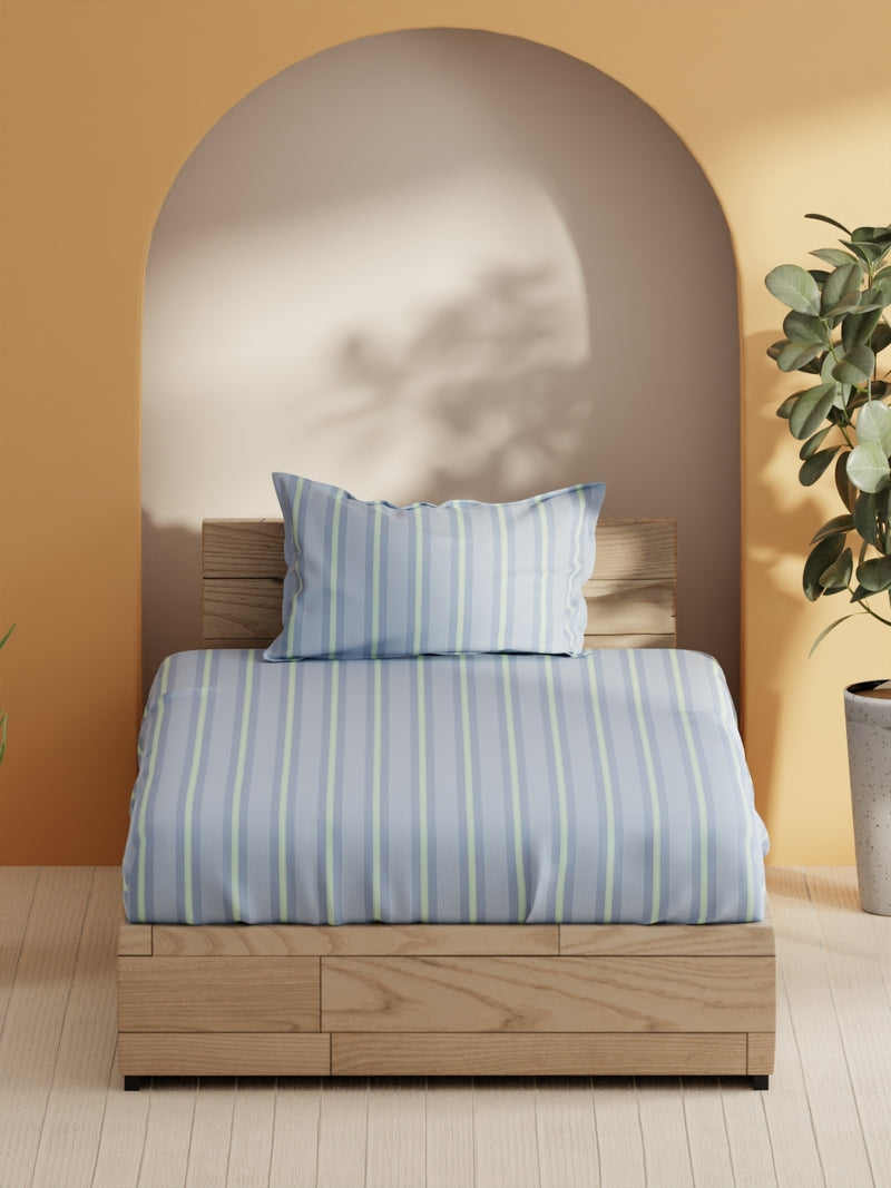 Soft 100% Natural Cotton Single Bedsheet With 1 Pillow Cover <small> (stripe-blue/green)</small>