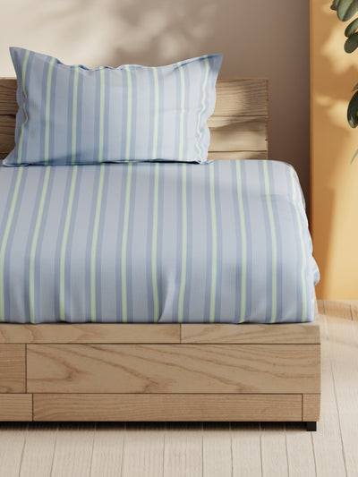 Soft 100% Natural Cotton Single Bedsheet With 1 Pillow Cover <small> (stripe-blue/green)</small>