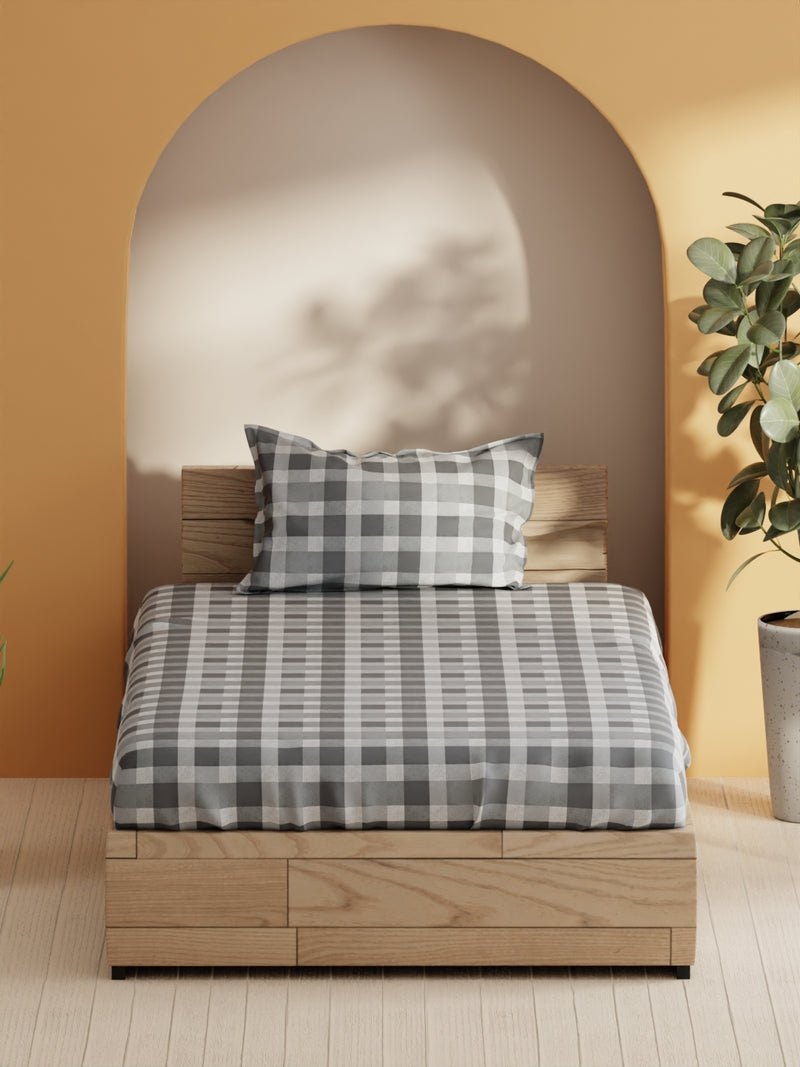 Soft 100% Natural Cotton Single Bedsheet With 1 Pillow Cover <small> (checks-grey)</small>