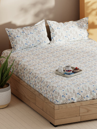 Soft 100% Natural Cotton Double Bedsheet With 2 Pillow Covers <small> (floral-blue/grey)</small>