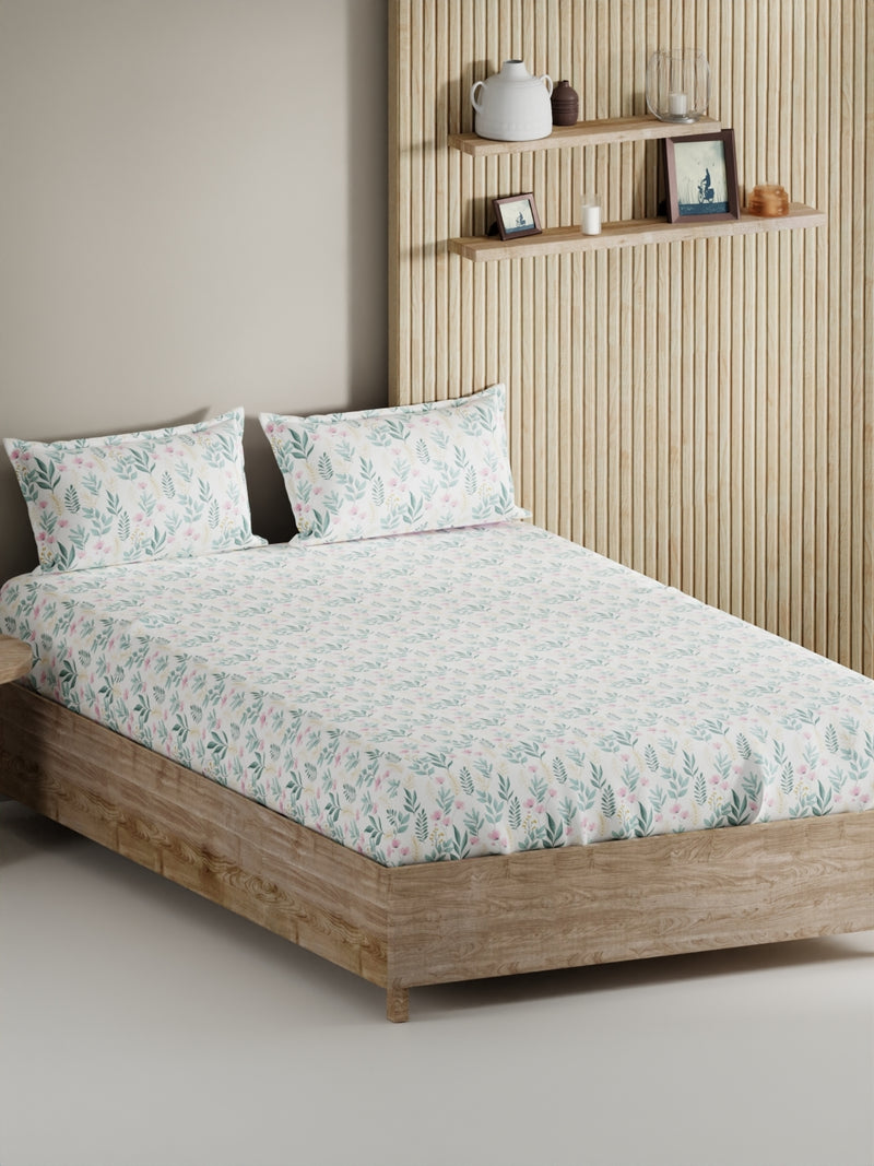 Soft 100% Natural Cotton, King Size Double Bedsheet With 2 Pillow Covers <small> (floral-pink/teal)</small>