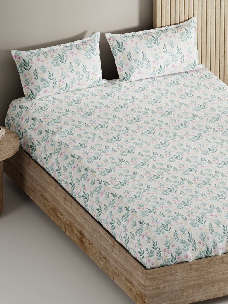 Soft 100% Natural Cotton, King Size Double Bedsheet With 2 Pillow Covers <small> (floral-pink/teal)</small>