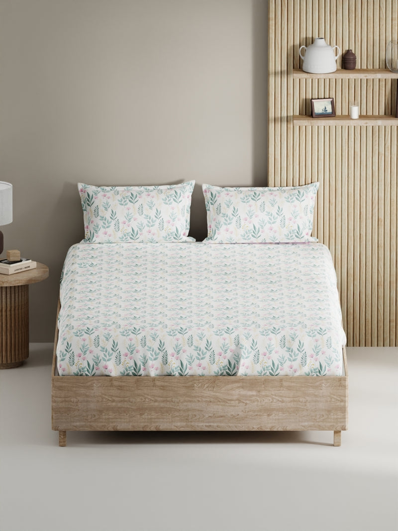 Soft 100% Natural Cotton, King Size Double Bedsheet With 2 Pillow Covers <small> (floral-pink/teal)</small>