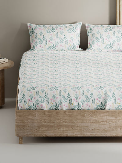 Soft 100% Natural Cotton, King Size Double Bedsheet With 2 Pillow Covers <small> (floral-pink/teal)</small>