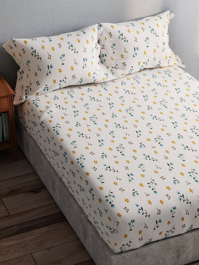 100% Pure Cotton Double Bedsheet With 2 Pillow Covers <small> (floral-ivory/turq)</small>