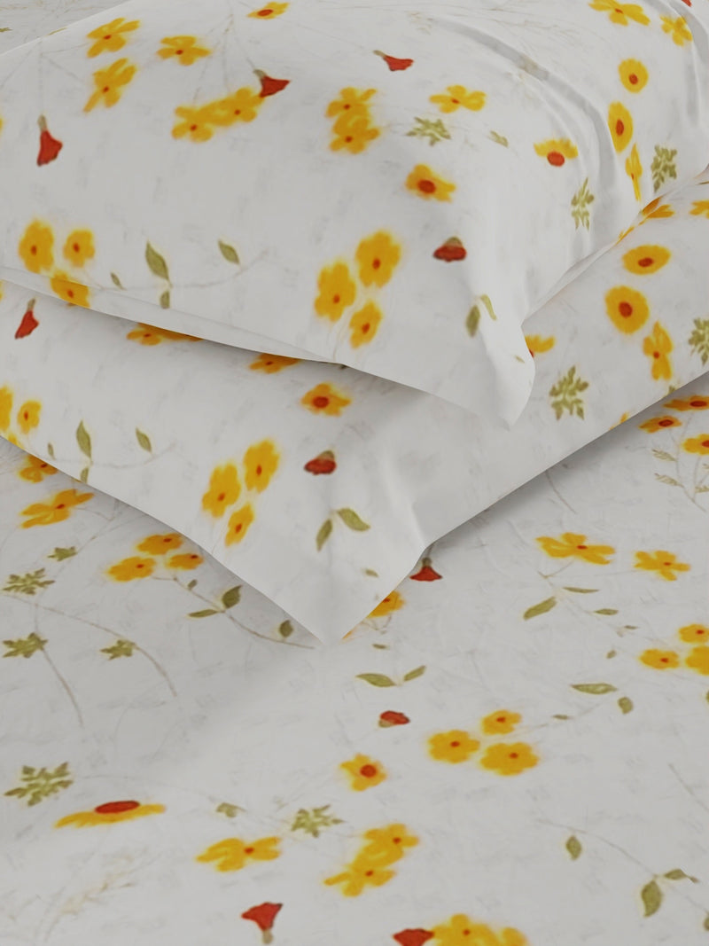 100% Pure Cotton Double Bedsheet With 2 Pillow Covers <small> (floral-ivory/yellow)</small>