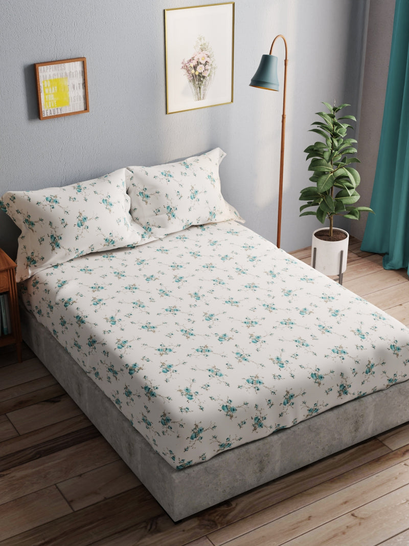 100% Pure Cotton Double Bedsheet With 2 Pillow Covers <small> (floral-ivory/turq)</small>