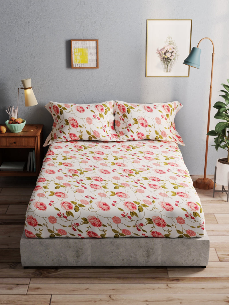 100% Pure Cotton Double Bedsheet With 2 Pillow Covers <small> (floral-ivory/red)</small>