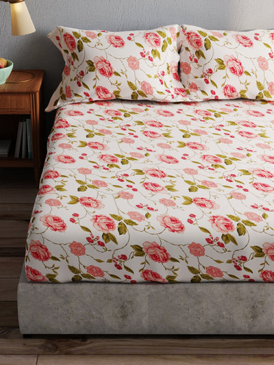 100% Pure Cotton Double Bedsheet With 2 Pillow Covers <small> (floral-ivory/red)</small>