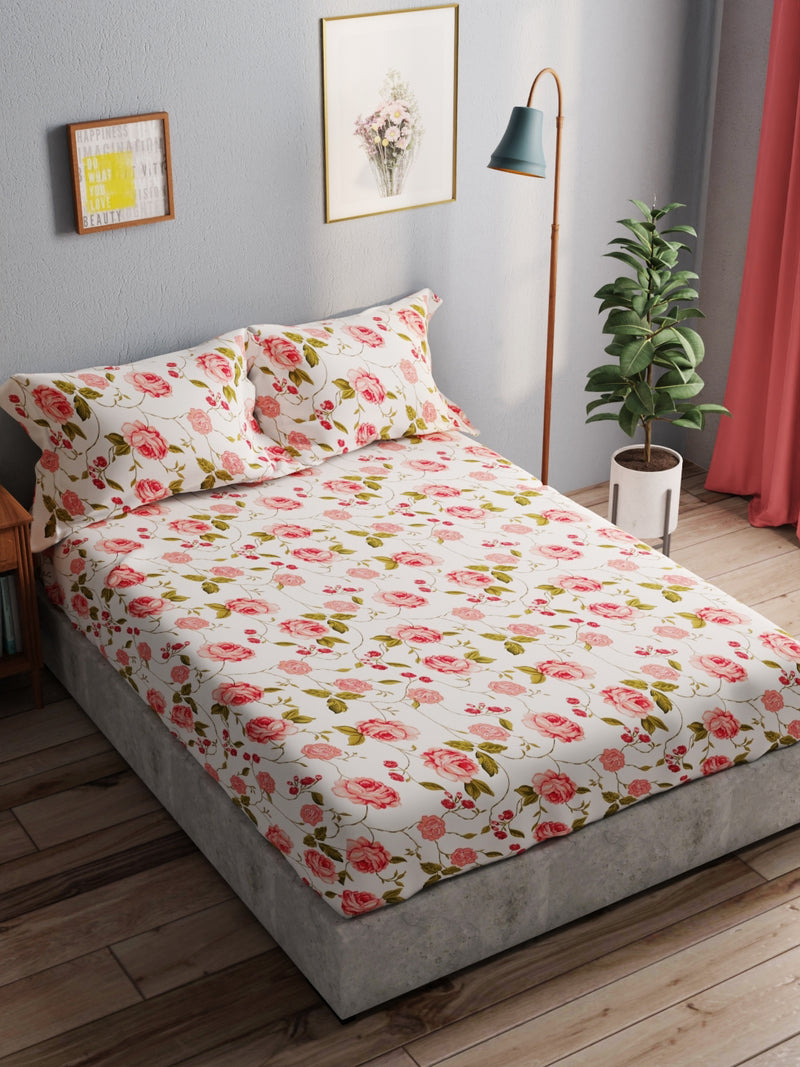 100% Pure Cotton Double Bedsheet With 2 Pillow Covers <small> (floral-ivory/red)</small>