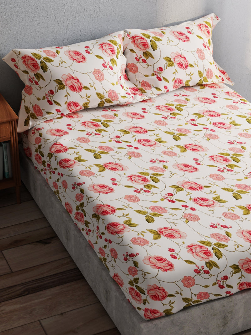 100% Pure Cotton Double Bedsheet With 2 Pillow Covers <small> (floral-ivory/red)</small>