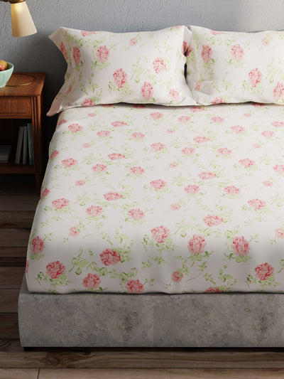 100% Pure Cotton Double Bedsheet With 2 Pillow Covers <small> (floral-ivory/pink)</small>