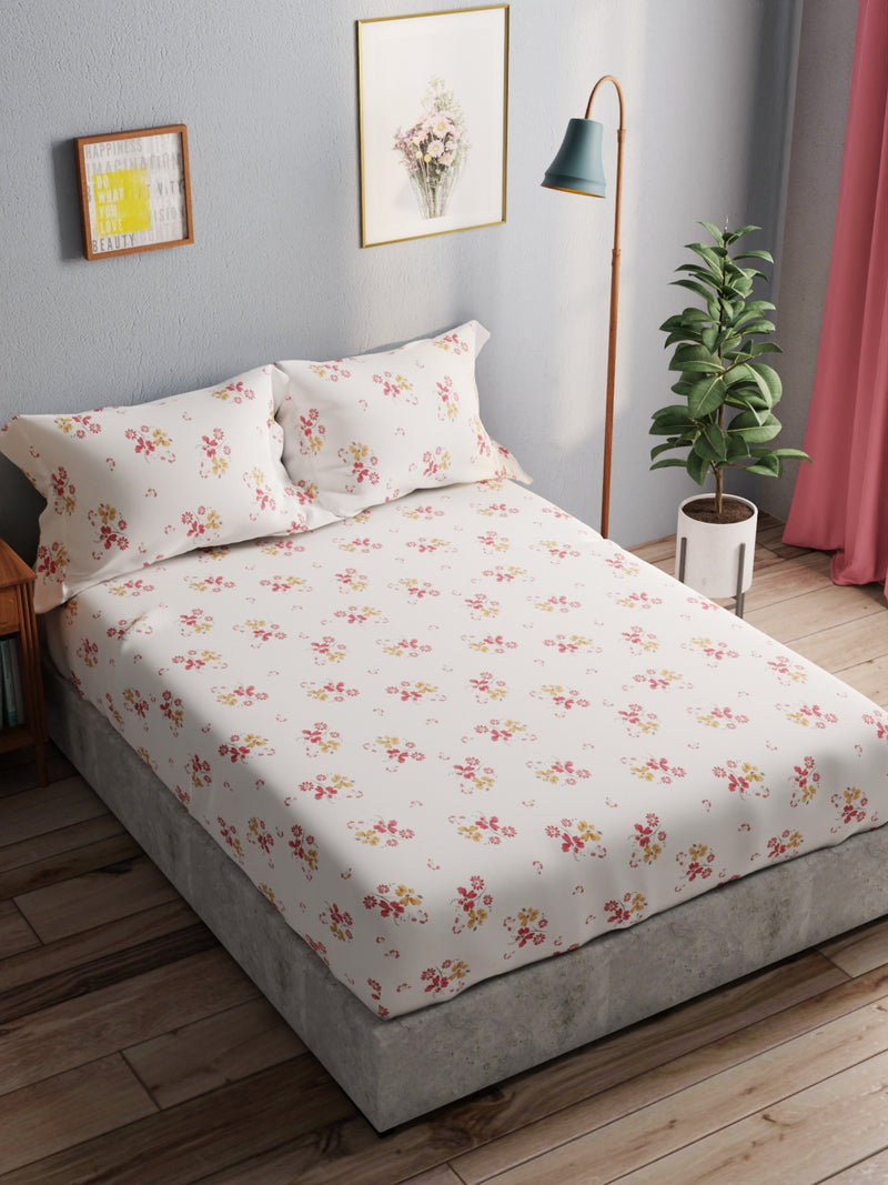 100% Pure Cotton Double Bedsheet With 2 Pillow Covers <small> (floral-ivory/red)</small>