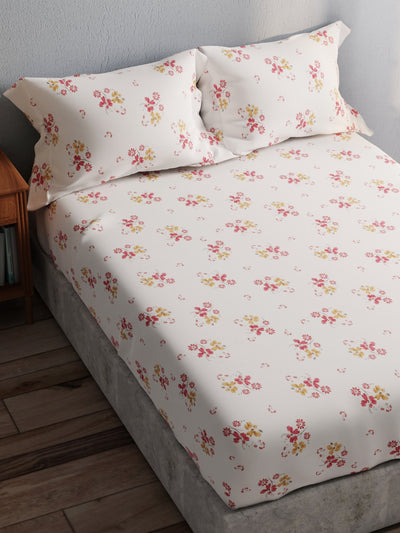 100% Pure Cotton Double Bedsheet With 2 Pillow Covers <small> (floral-ivory/red)</small>